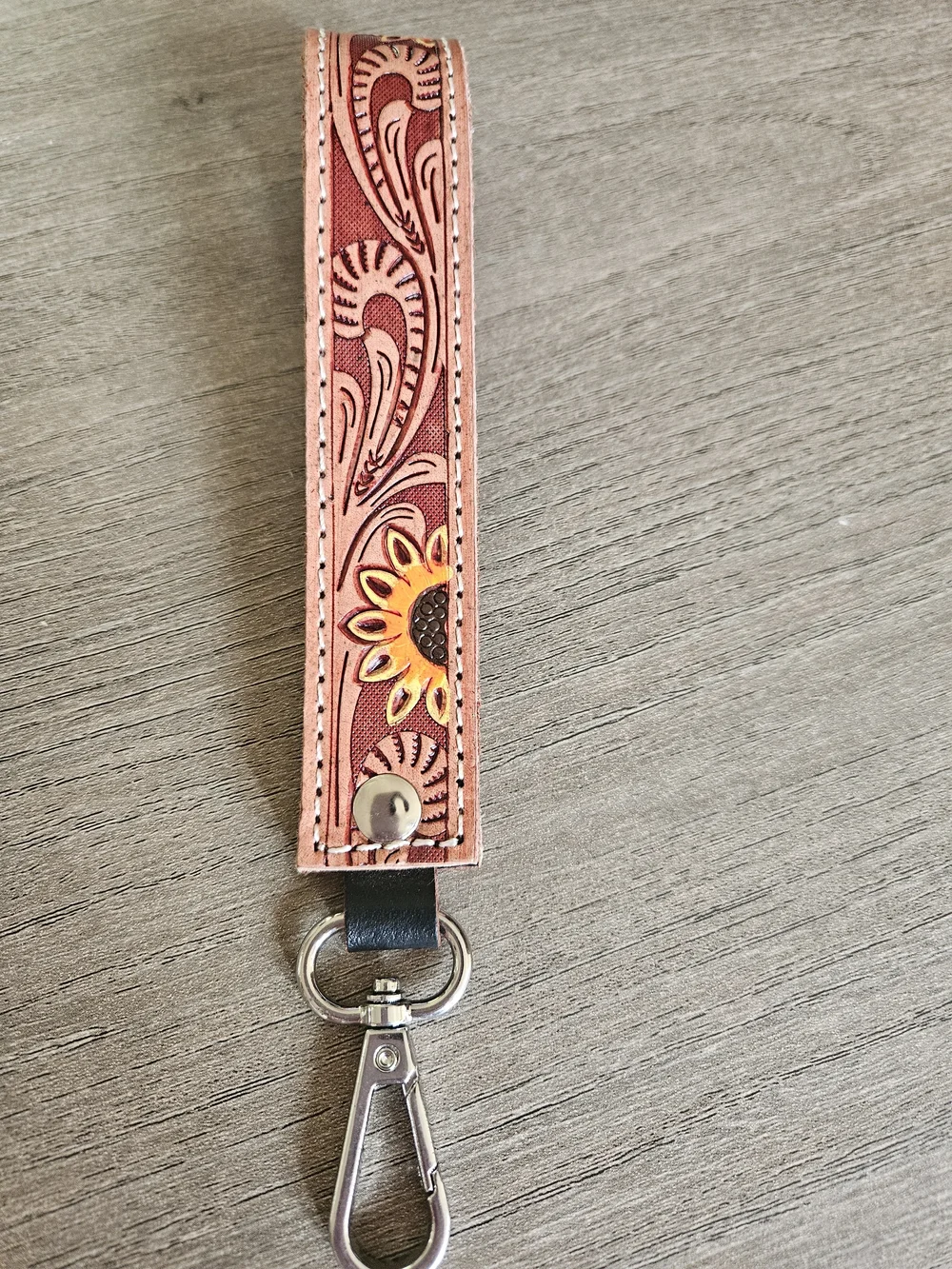 Sunflower Genuine Tooled Leather Wristlet Keychain - Tan - NWOT